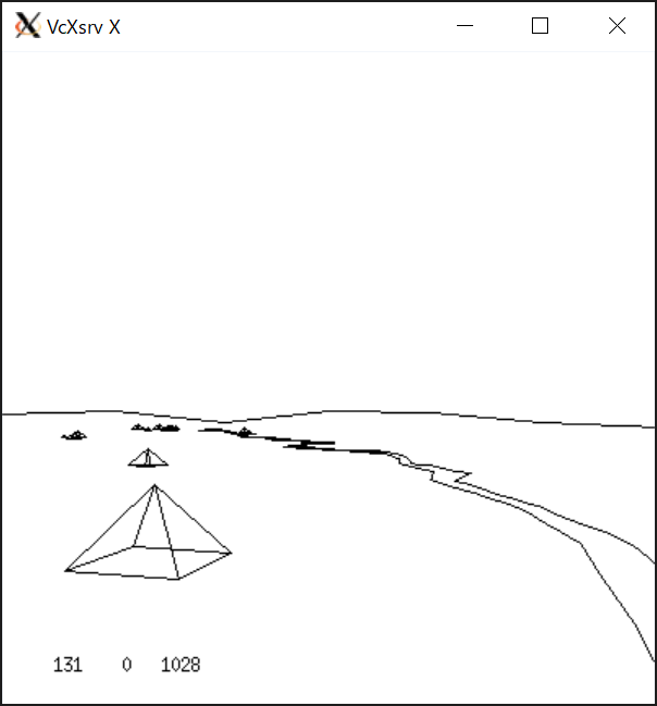 フライトシミュレータの画面（山と川とピラミッド群）